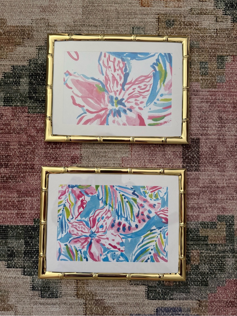 Set of 2 Lilly Pulitzer prints in gold bamboo frames